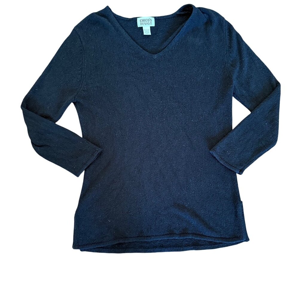 Chico's Design Women's Black Knit Mid-Length V-Neck Sweater Size M/8 Vintage